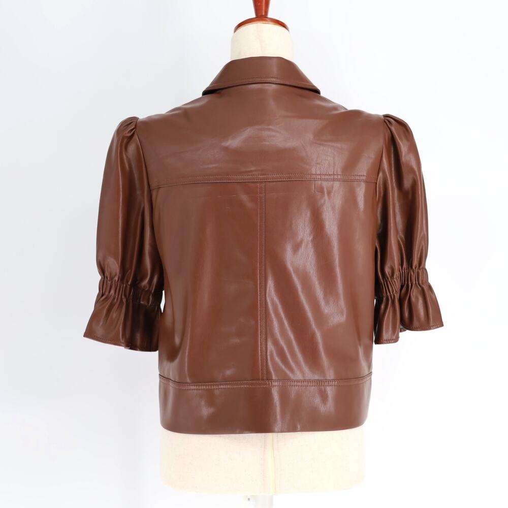 Cinq à Sept Women Espresso Vegan Leather Luxury Short Puff Sleeve Jacket Size M - Picture 8 of 10